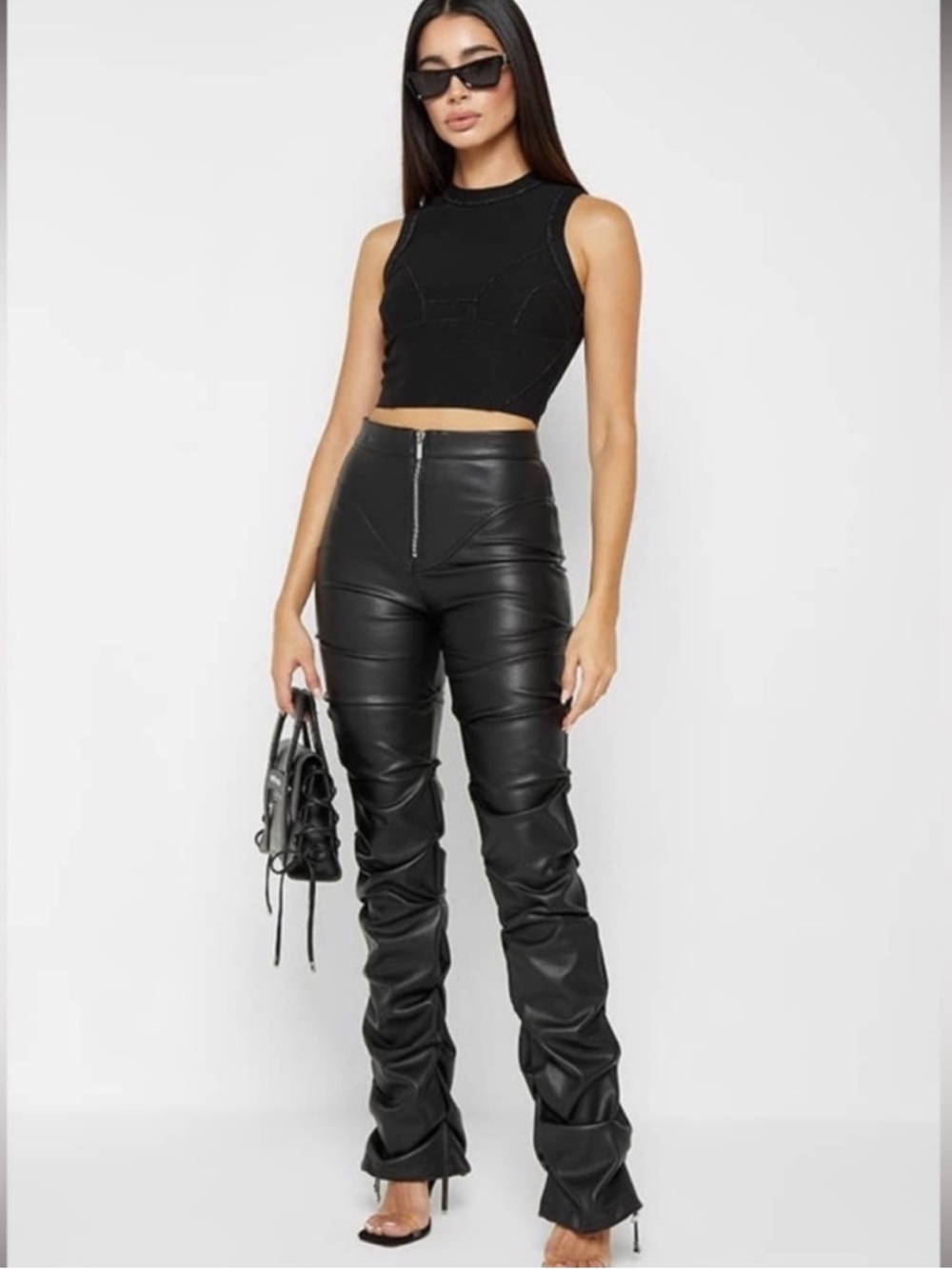MANIERE DE VOIR Stacked Scrunch Leather Cyber Rave Biker Flared Flare Leg Pants